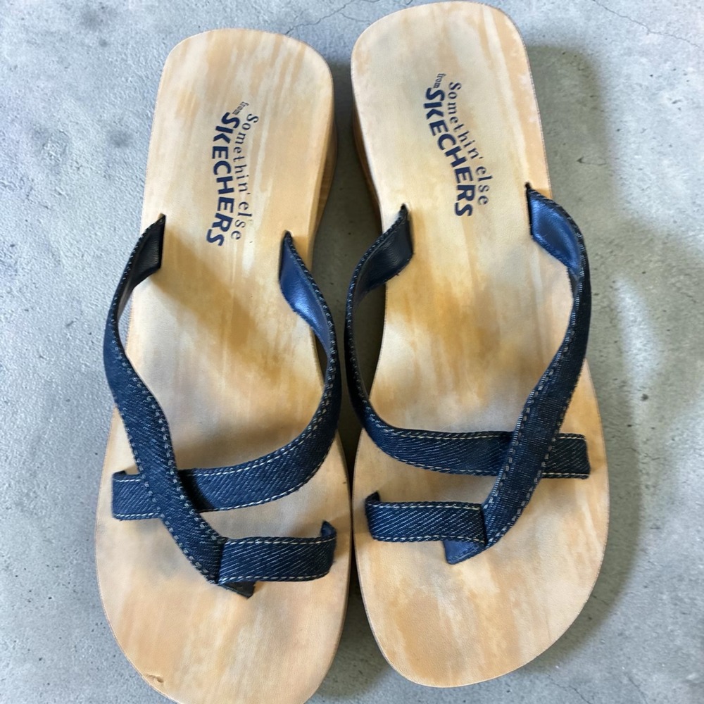 Skechers Vintage Wooden Platform Sandals Denim Thong Wedge Floral Sole 90s Y2K